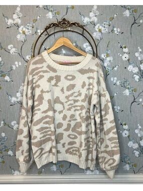 Pink Lily Cream & Beige Animal Print Crewneck Sweater